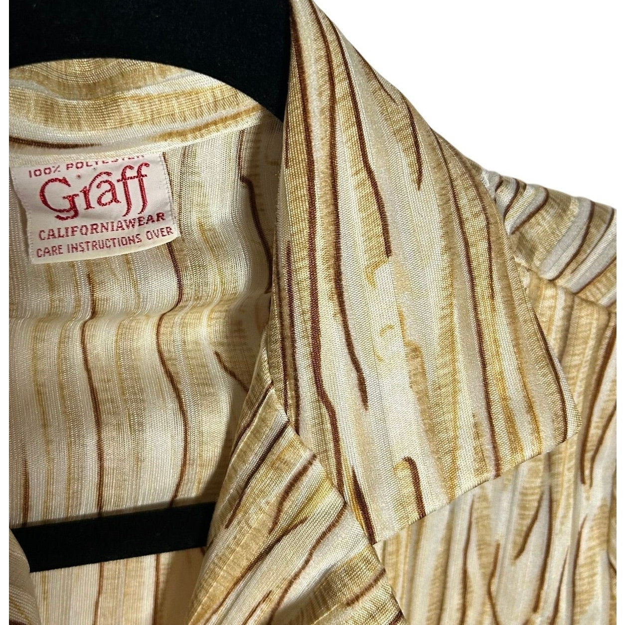 VTG 70s Graff Californiawear Faux Bois Wood Grain Blouse Dagger Collar S/M Disco