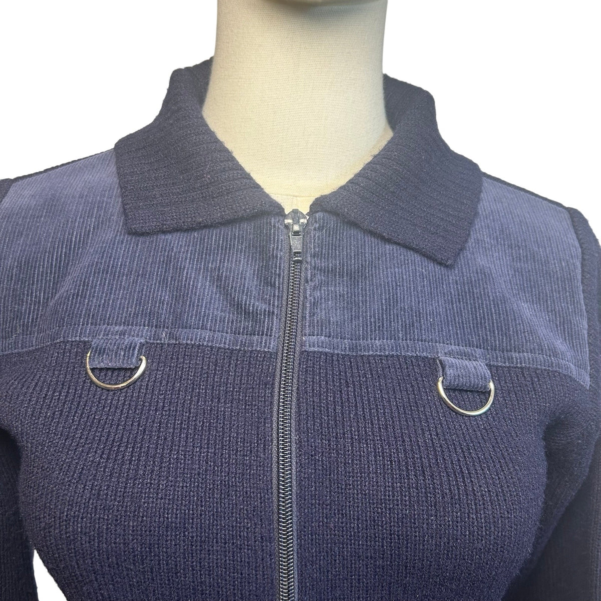 VTG 80s St Michael Navy Ribbed Knit Zip-Up XS Cardigan UK Heritage Retro Casual