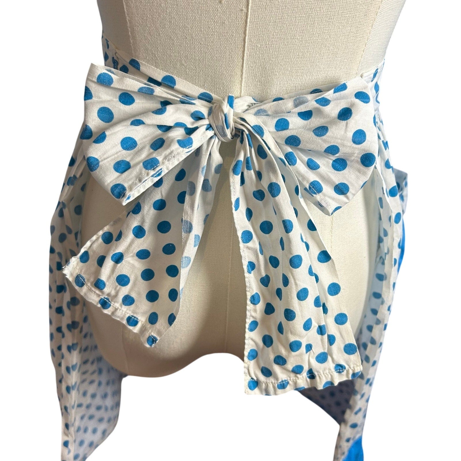 VTG Blue White Cotton Apron Handmade Pocket Polka Dot Cottage Retro Western Boho