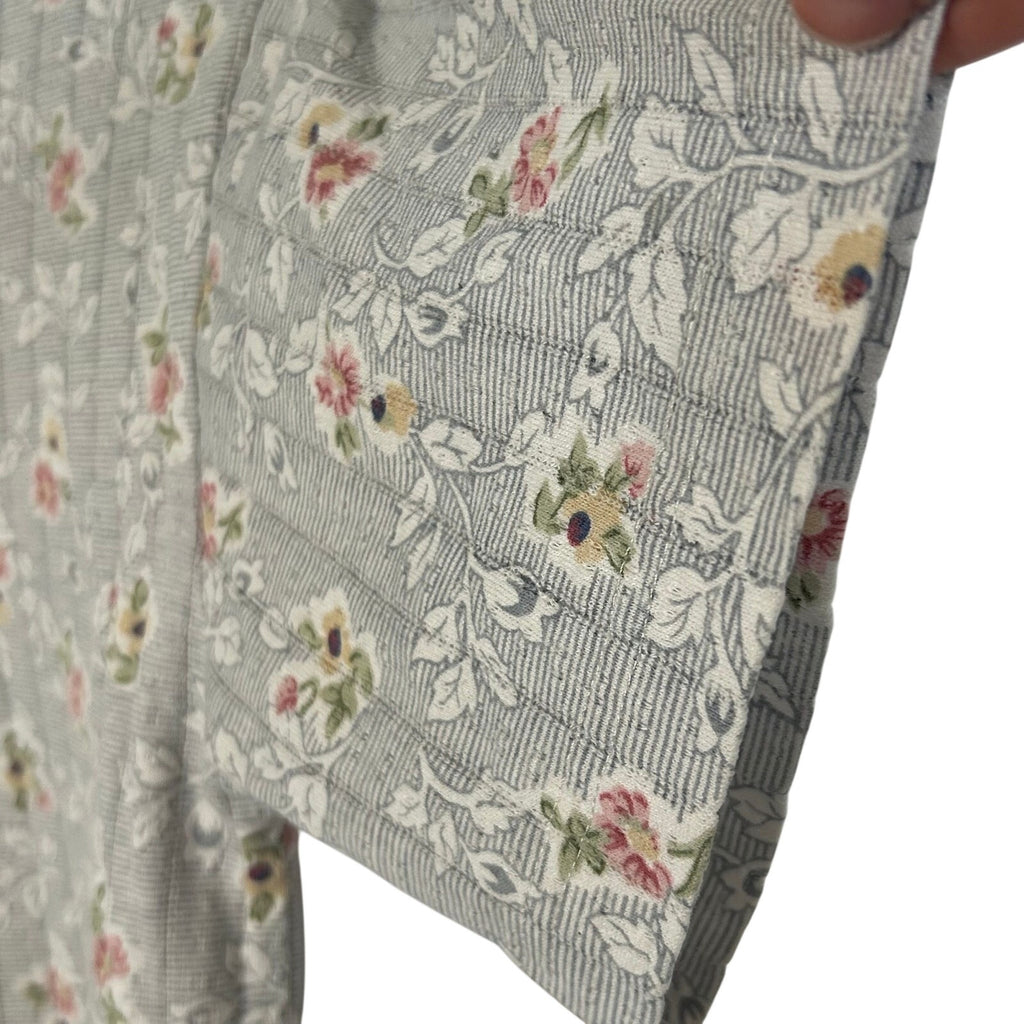 VTG Emerald Isle Grey Floral Ribbed Henley Top Small Grannycore 90s Shoulder Pad