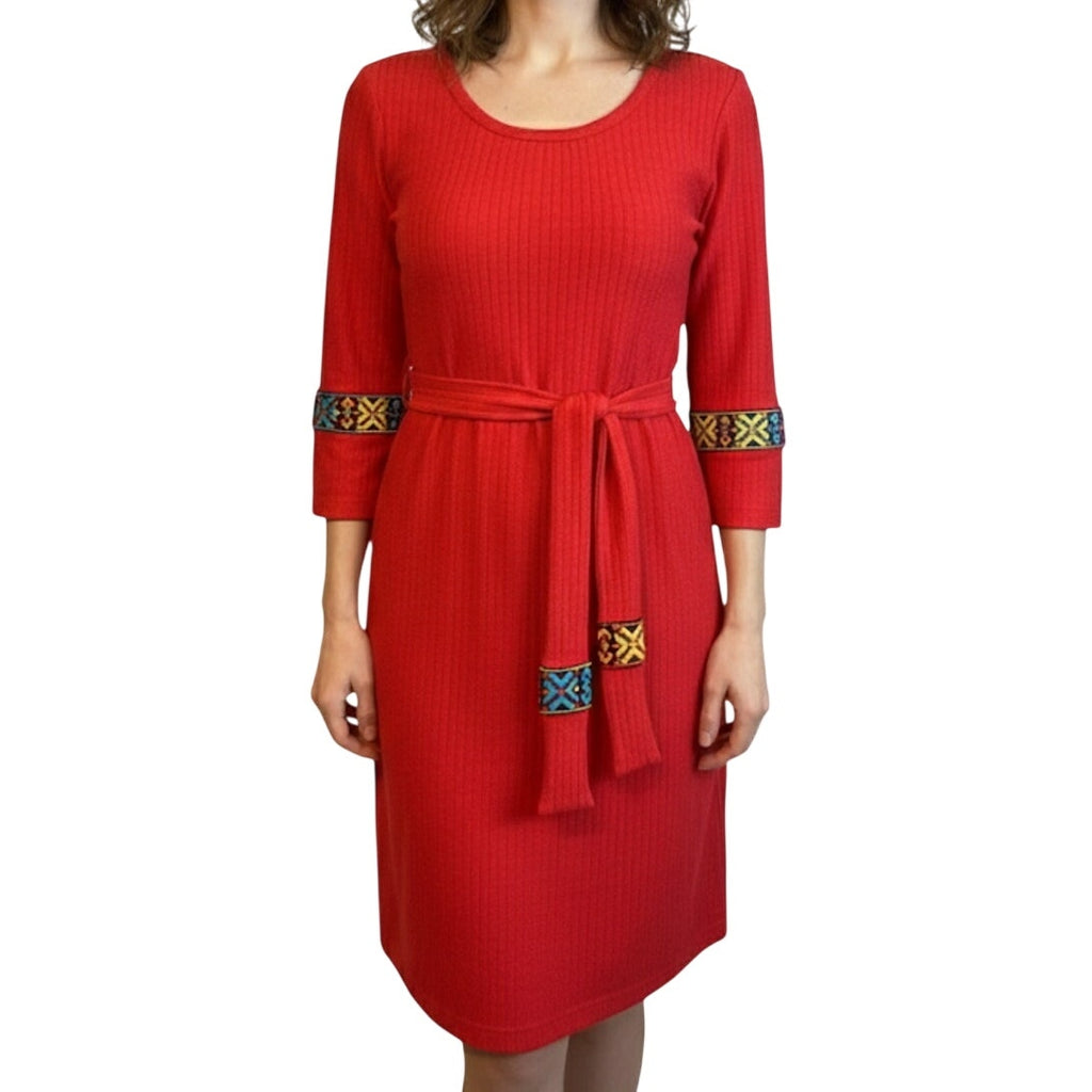 VTG Beeline Red Ribbed Knit Mini Dress 60s 70s Mod Embroidered Cuffs 14 Large