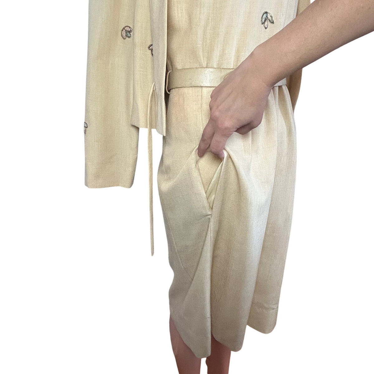 VTG 50s Hartnell Yellow Silk Applique Linen S Jacket Dress Set Feminine Wedding