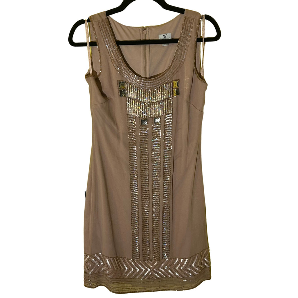 VTG Worthington Tan Beaded Sequin Chiffon Mini Dress 4 Art Deco Whimsigoth Party