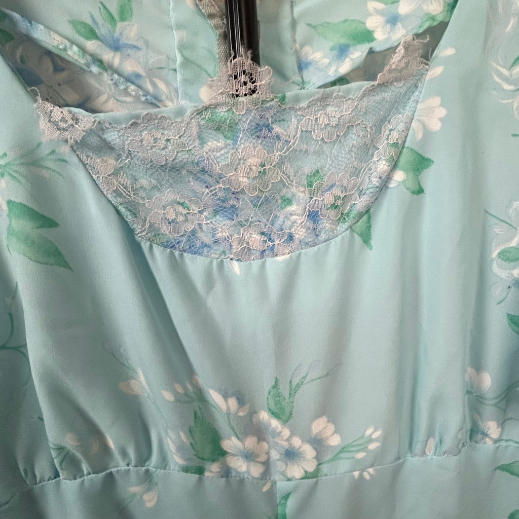 VTG 70s Handmade Blue Floral Ball Gown Capelet Empire Waist Maxi 10 Cottage Glam