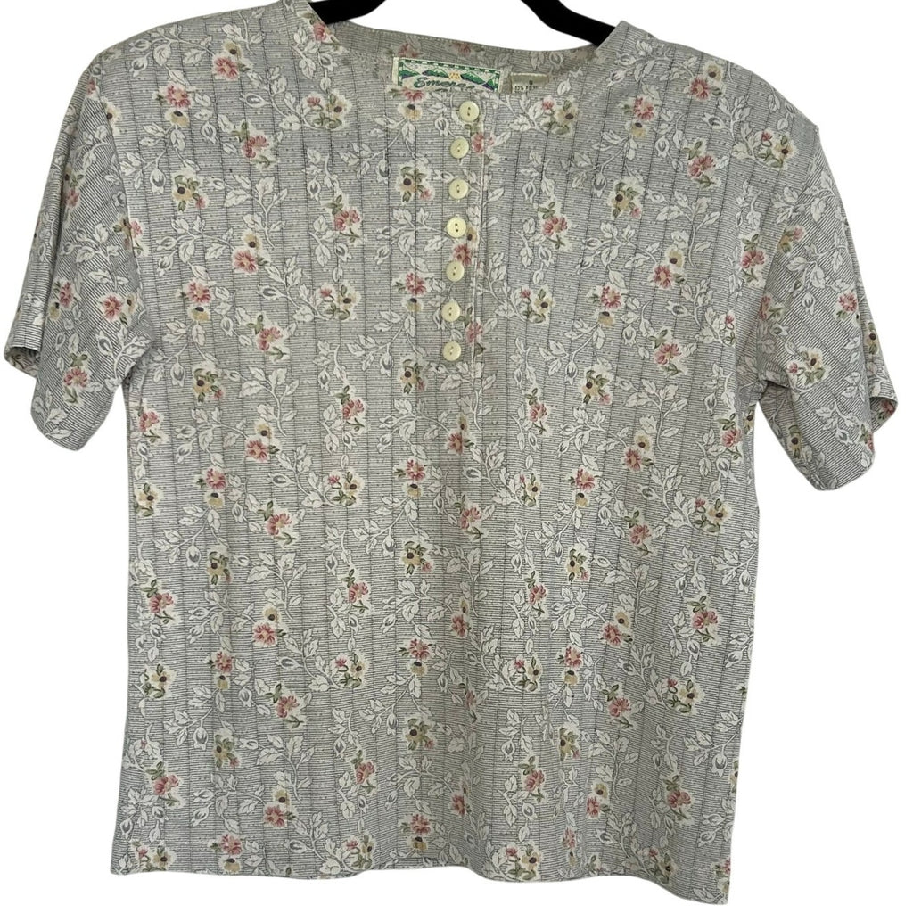 VTG Emerald Isle Grey Floral Ribbed Henley Top Small Grannycore 90s Shoulder Pad