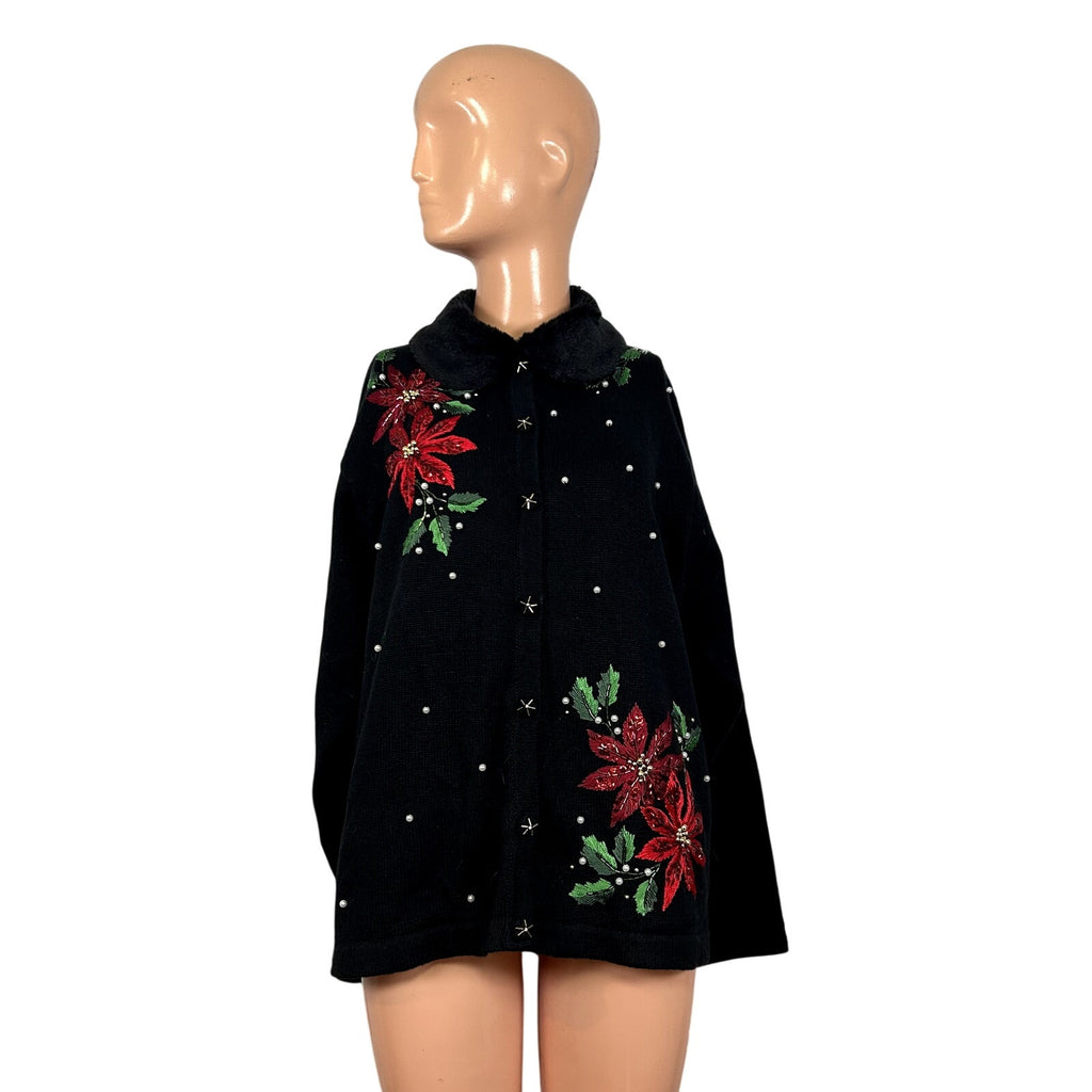 VTG 90s B.P. Design M Black Poinsettia Beaded Christmas Cardigan Faux Fur Collar
