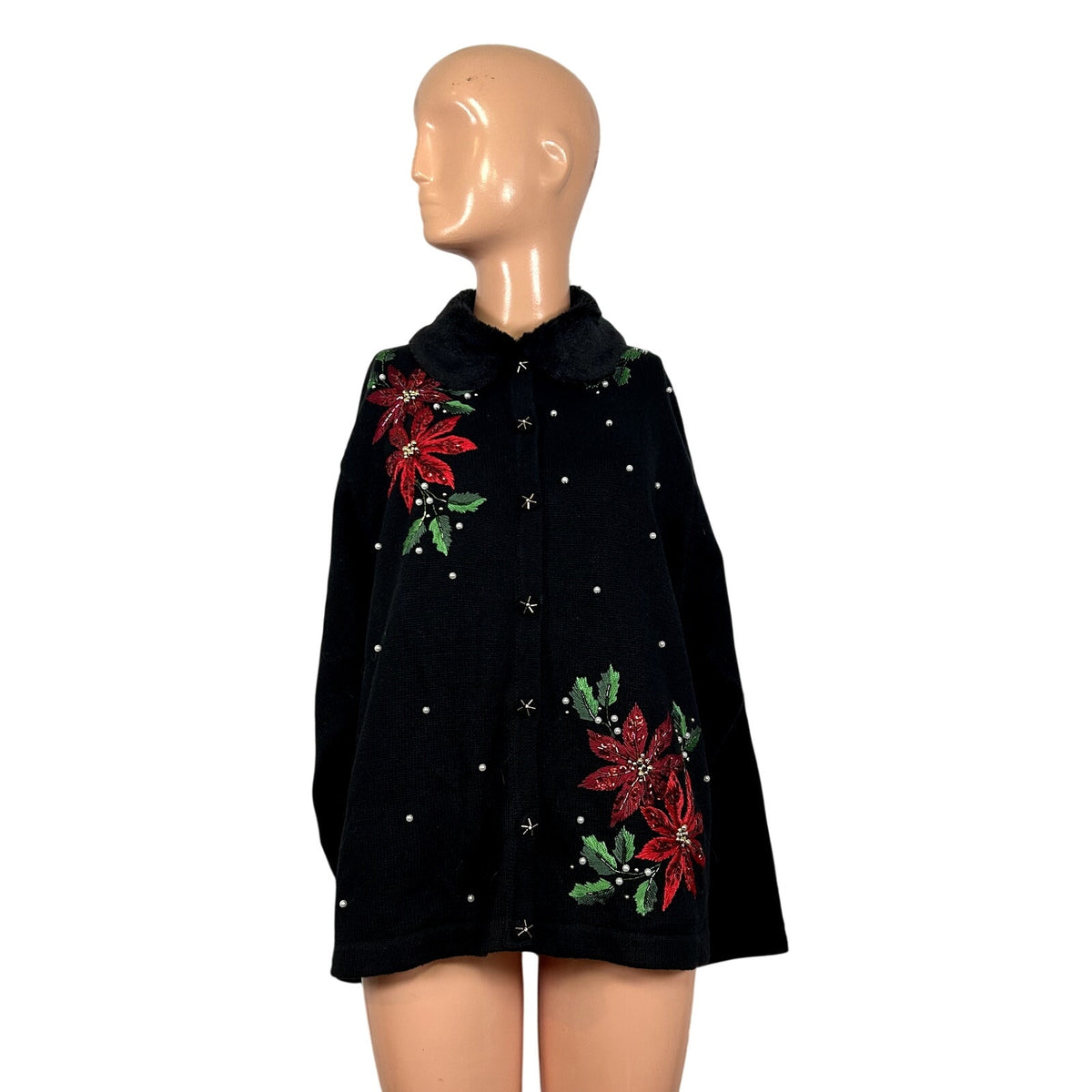 VTG 90s B.P. Design M Black Poinsettia Beaded Christmas Cardigan Faux Fur Collar
