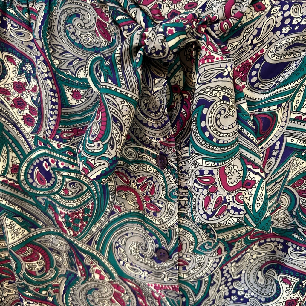 VTG Alfred Dunner Teal Purple Paisley Tie Neck Pussybow Blouse Large Whimsygoth