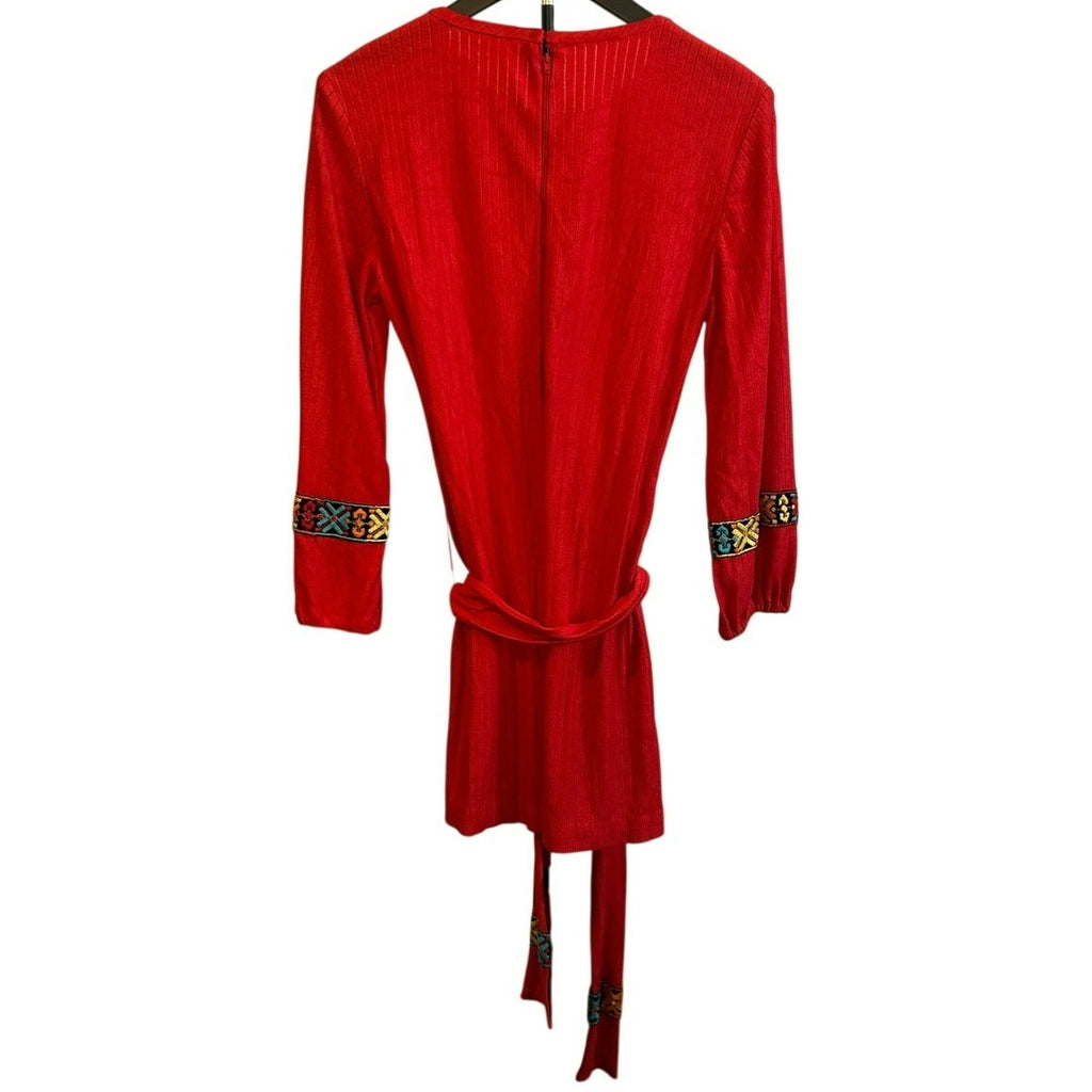 VTG Beeline Red Ribbed Knit Mini Dress 60s 70s Mod Embroidered Cuffs 14 Large
