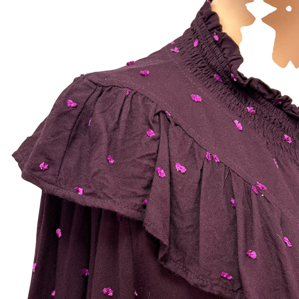 LOFT M Purple Blouse Swiss Dot Smocking Coquette Ruffle Feminine Chic Clown Boho