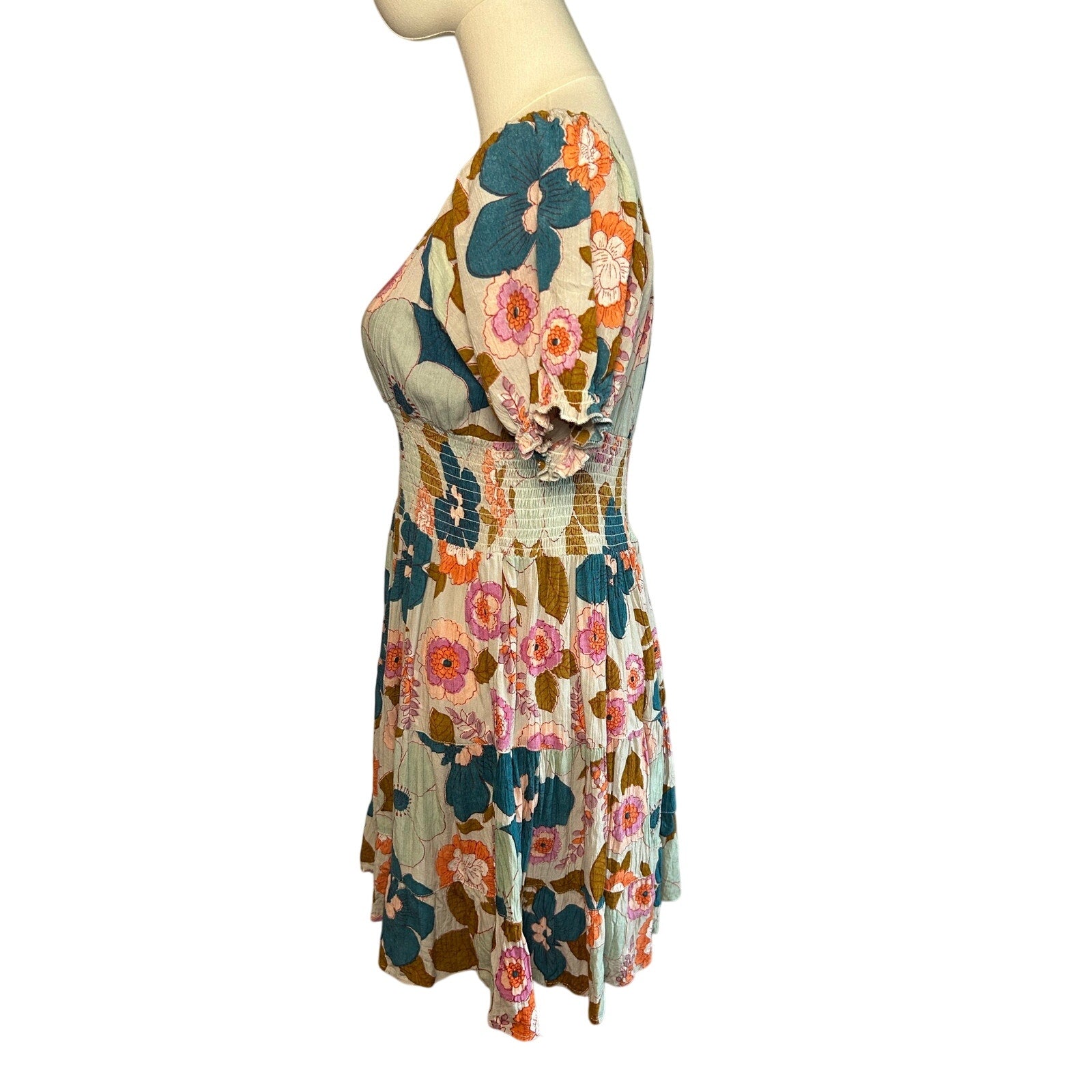Angie Floral Smocked Boho Mini Dress Medium Cottage Indie Retro Rayon Festival