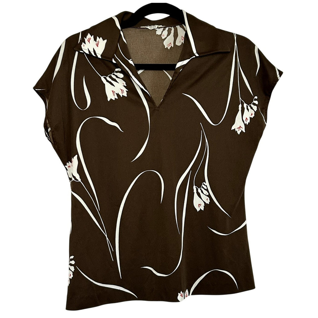 VTG 70s Mardi Modes New York Brown Floral Knit V-Neck Short Sleeve Top Medium
