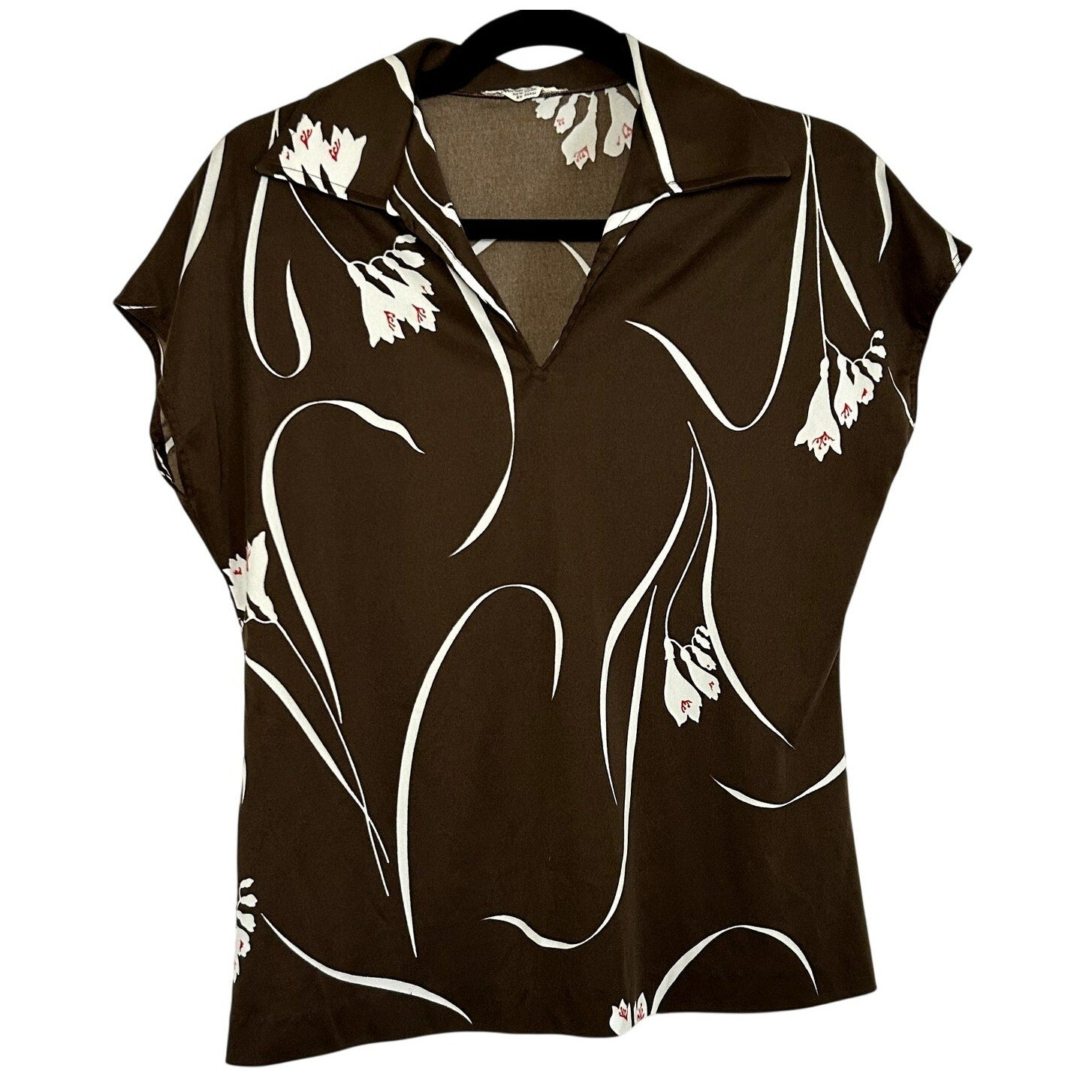 VTG 70s Mardi Modes New York Brown Floral Knit V-Neck Short Sleeve Top Medium