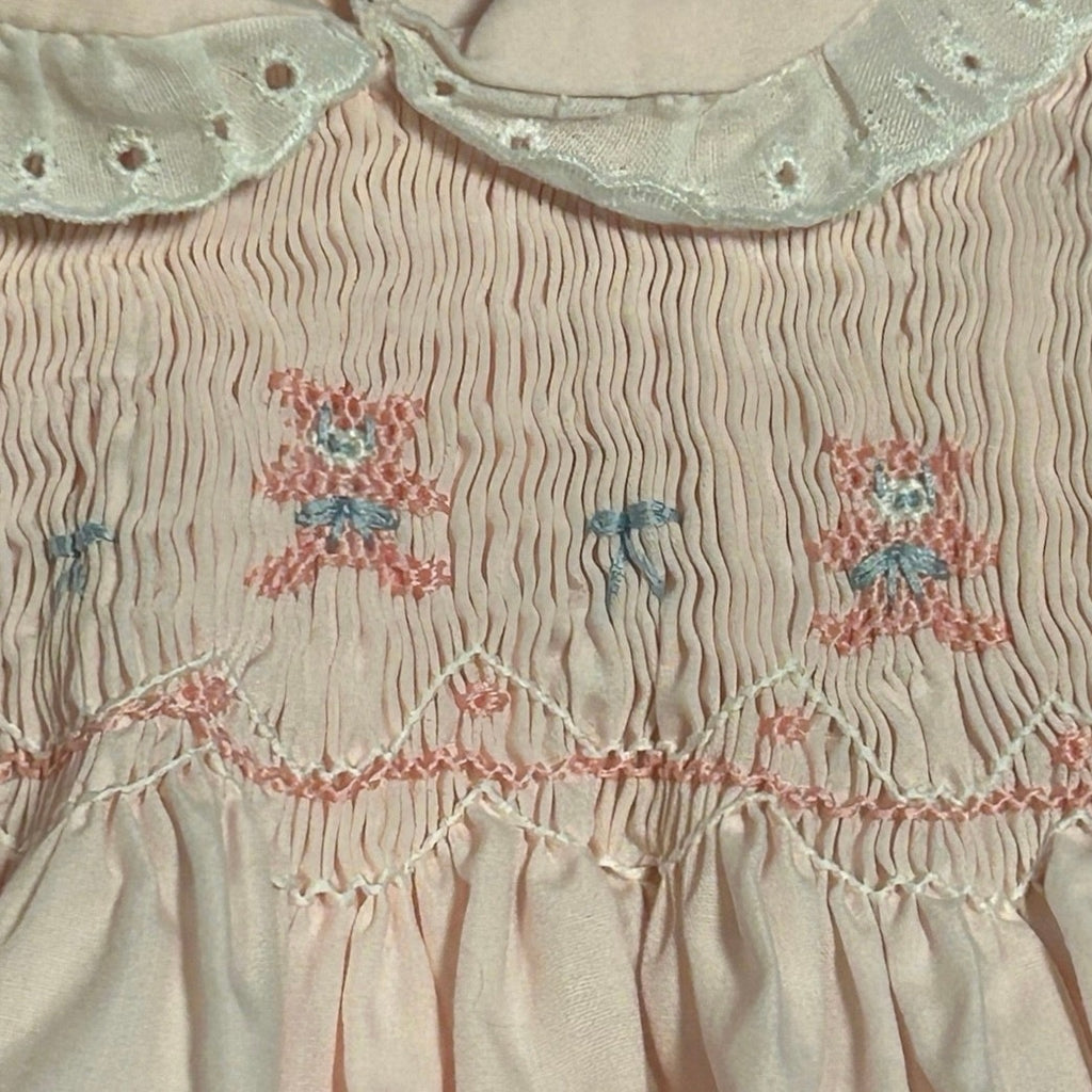 VTG 70s Baby Girl Pink Smocked Romper Teddy Bear Puff Sleeve Cottage Coquette