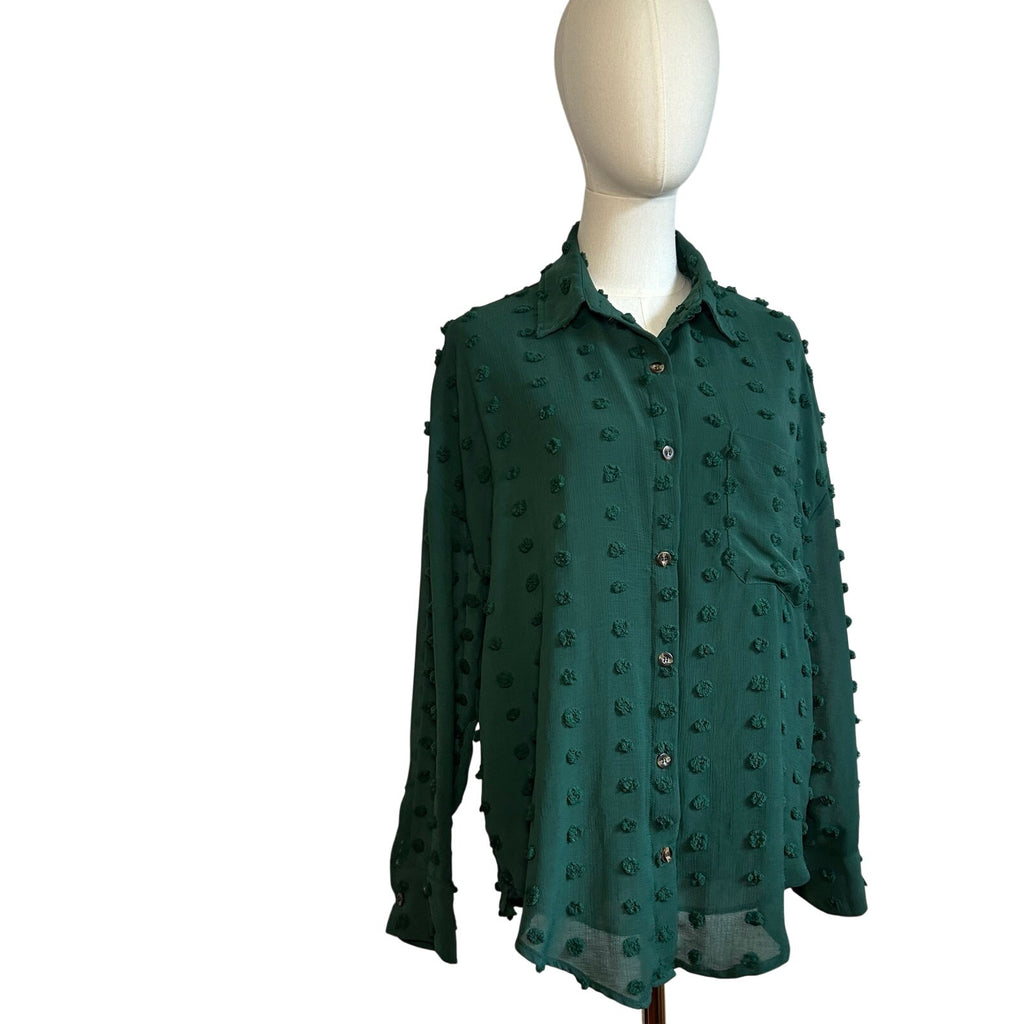 Forest Green Swiss Dot Long Sleeve L Casual Clip Dot Shirt Boho Minimalist Twee