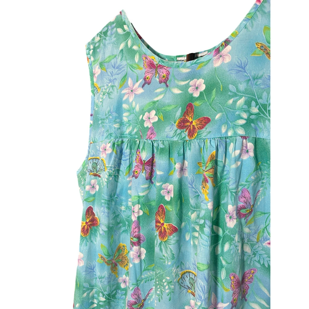 VTG Butterfly Floral Cotton Feel House Dress Blue Green XL Single Side Pocket