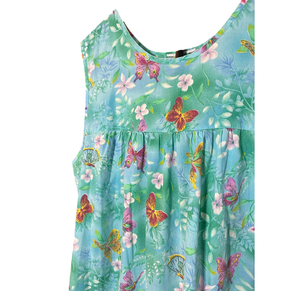 VTG Butterfly Floral Cotton Feel House Dress Blue Green XL Single Side Pocket