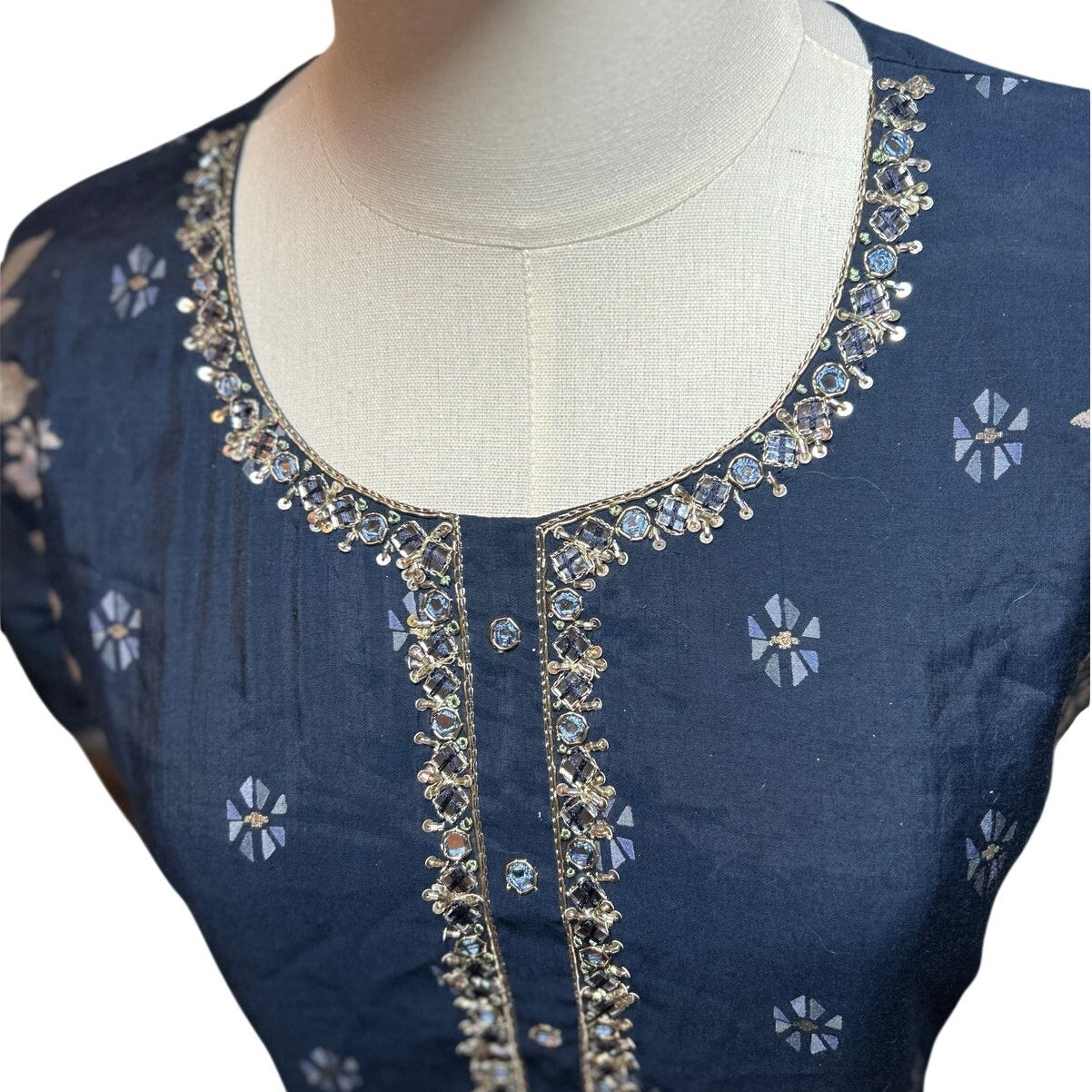 Hoondee Navy Blue Floral Embellished Kurti Tunic Dress