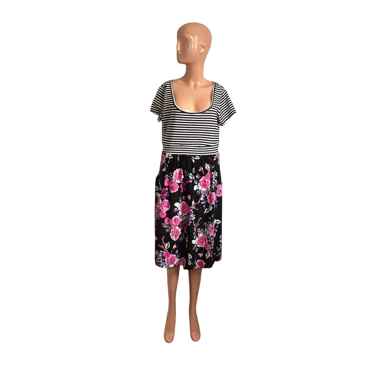 Torrid Plus 0 Black Spring Striped Floral Midi Dress Pockets Casual Teacher Work