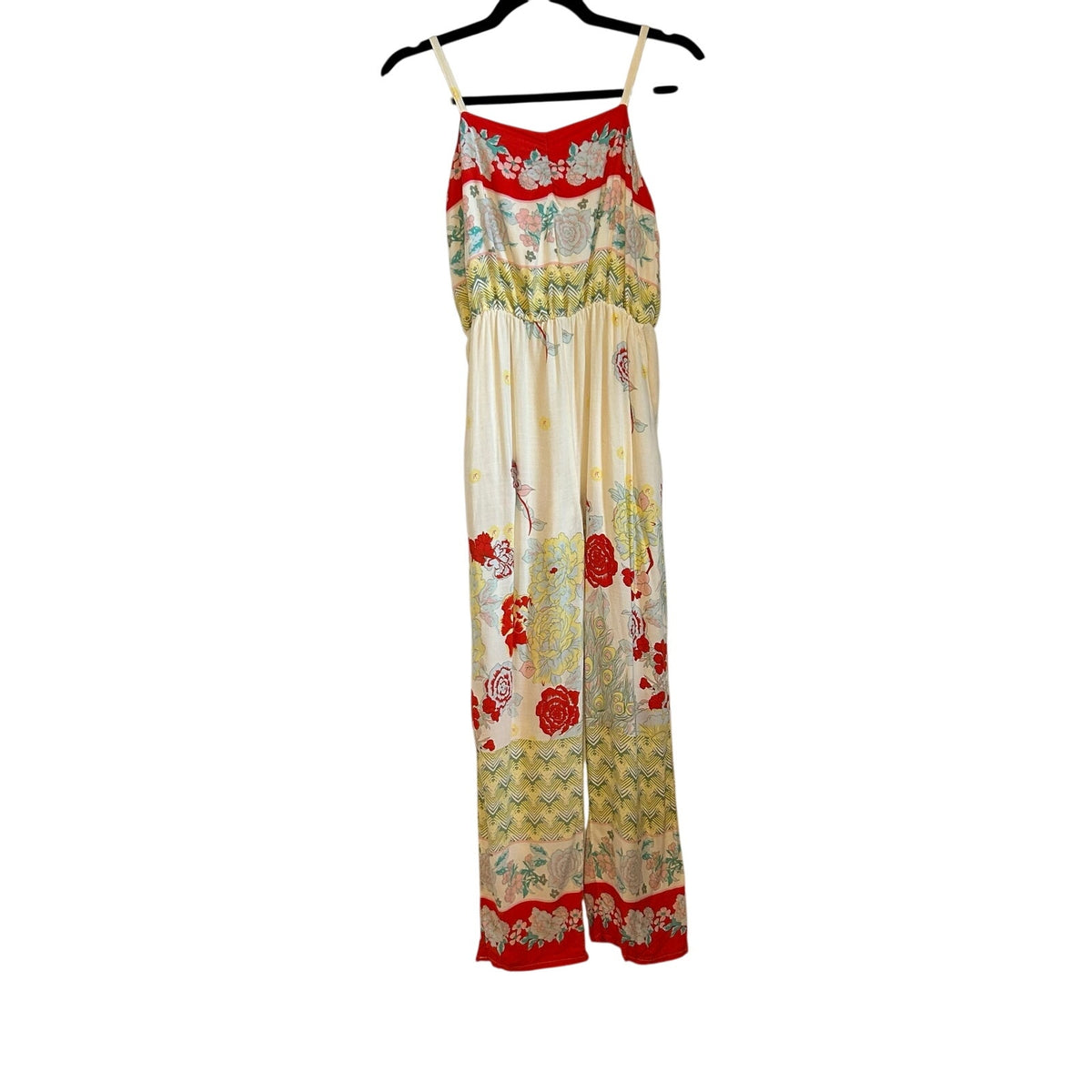 Chelsea & Violet Psychedelic Floral Jumpsuit Large Rayon Spaghetti Strap Pockets