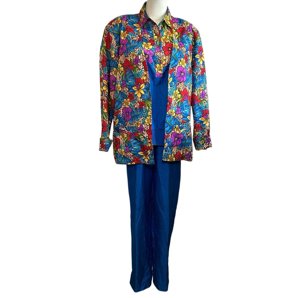 VTG 70s Bechamel 3pc Floral Set Whimsigoth Blue Tropical Jacket Shirt Pants Boho