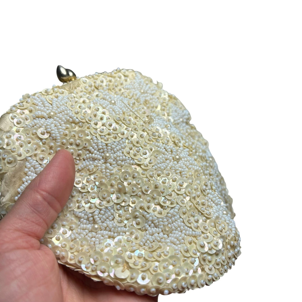VTG 50s Cream Sequin White Floral Clutch Evening Bag Bridal Prom Retro Glam Twee