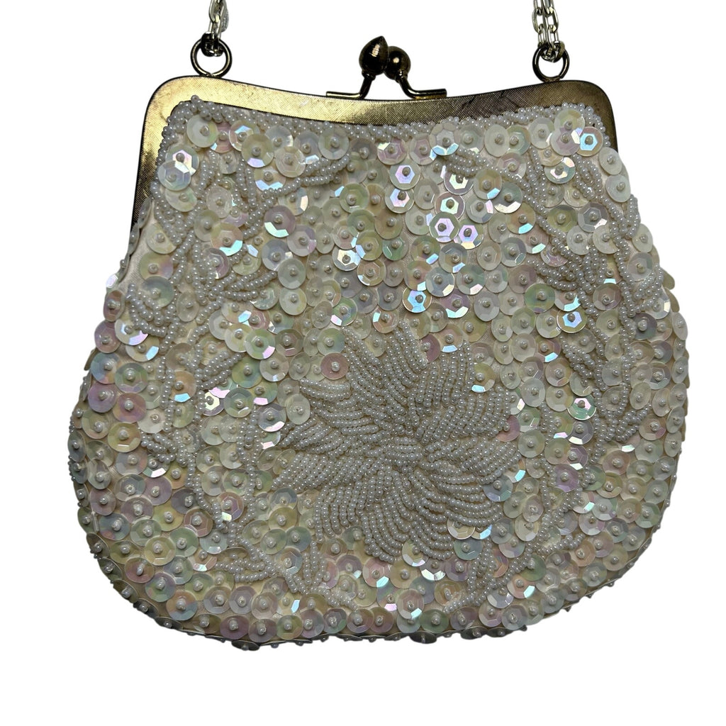VTG 50's White Beaded Sequin Bridal Evening Bag Hong Kong Wedding Coquette Glam