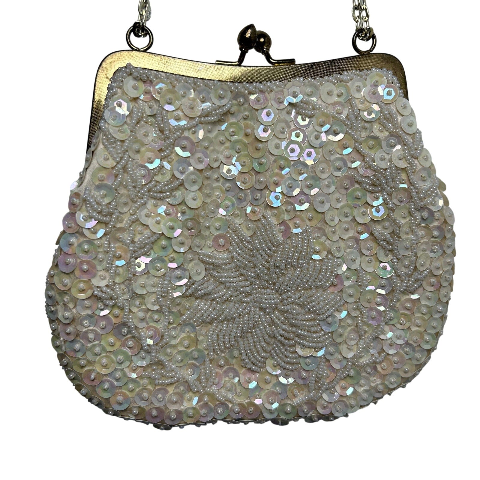 VTG 50's White Beaded Sequin Bridal Evening Bag Hong Kong Wedding Coquette Glam