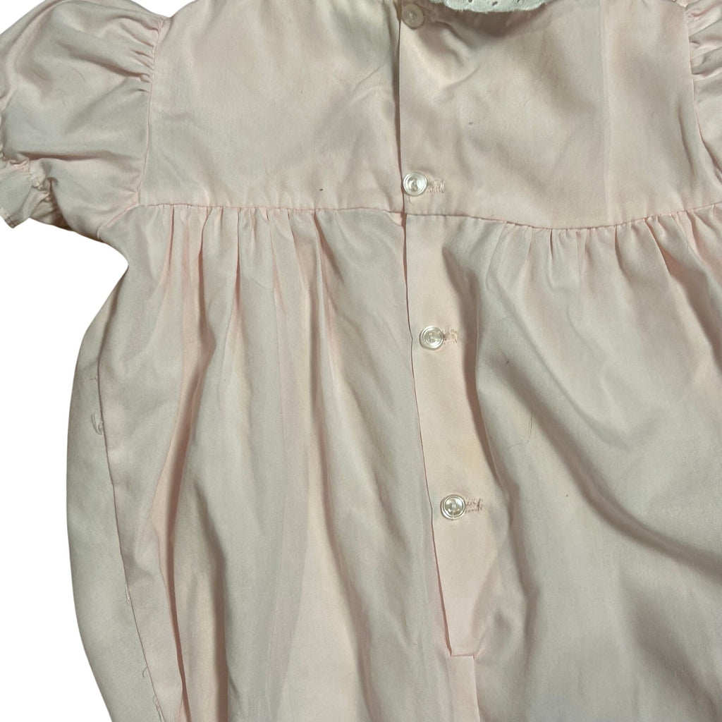 VTG 70s Baby Girl Pink Smocked Romper Teddy Bear Puff Sleeve Cottage Coquette