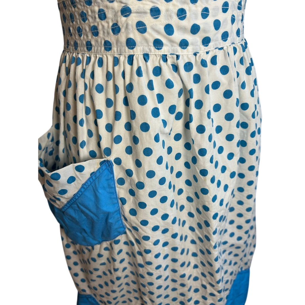 VTG Blue White Cotton Apron Handmade Pocket Polka Dot Cottage Retro Western Boho