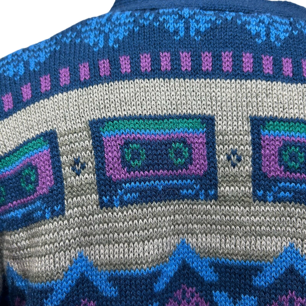 Netflix Stranger Things S Purple Blue Fair Isle Cassette V-Neck Knit Cardigan