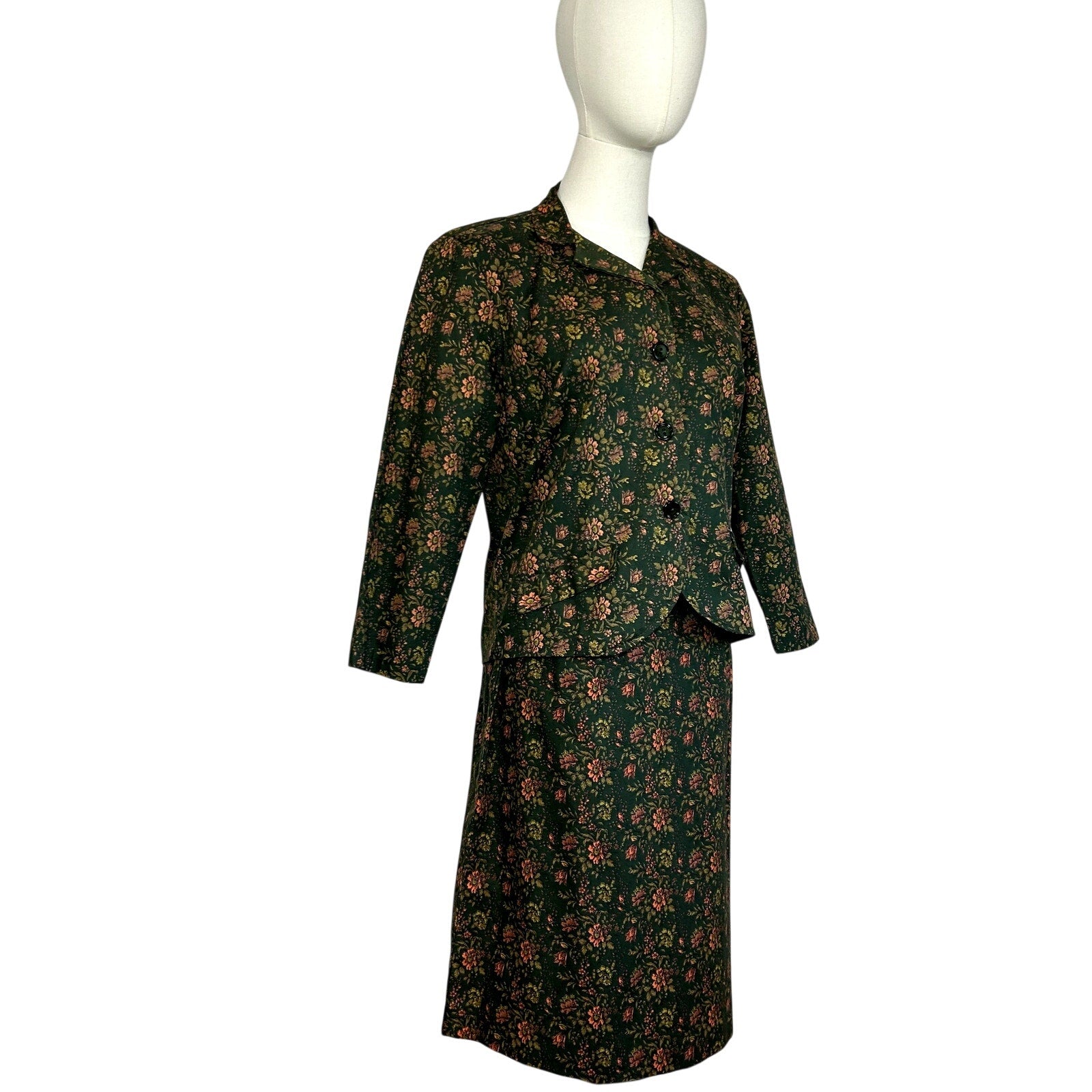 VTG 50s Green Heavy Cotton Skirt Suit Blazer Two Piece Set Twee Retro Preppy