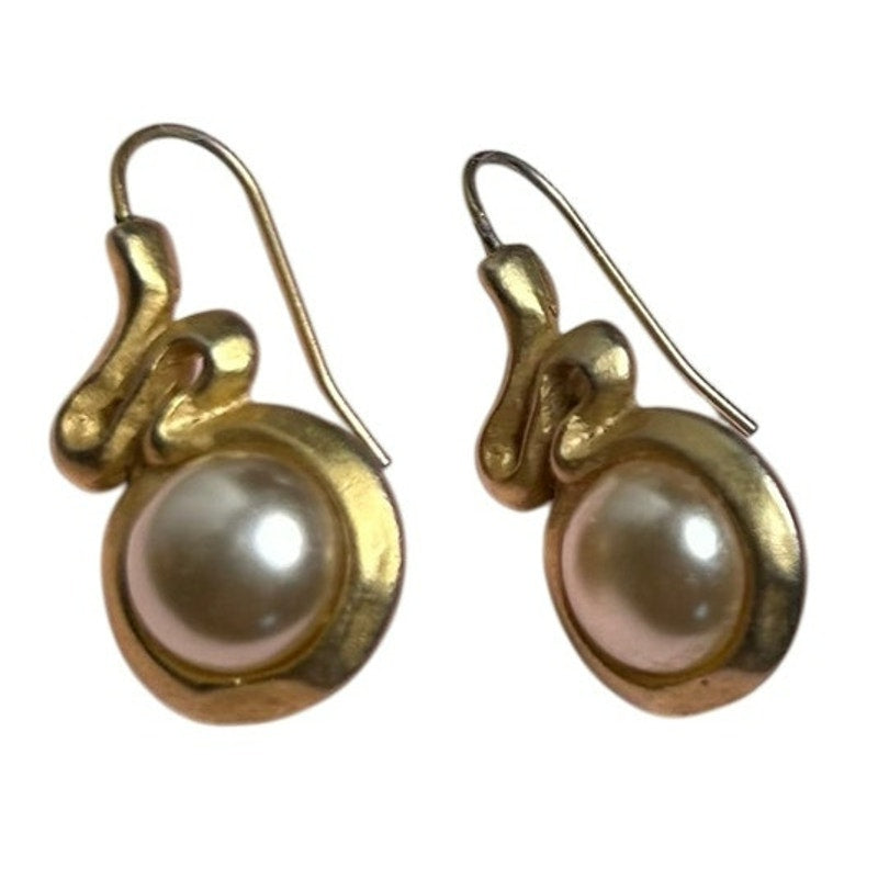 VTG 90s The Limited Gold Sculptural S-Curve Faux Pearl Drop Earrings Whimsigoth