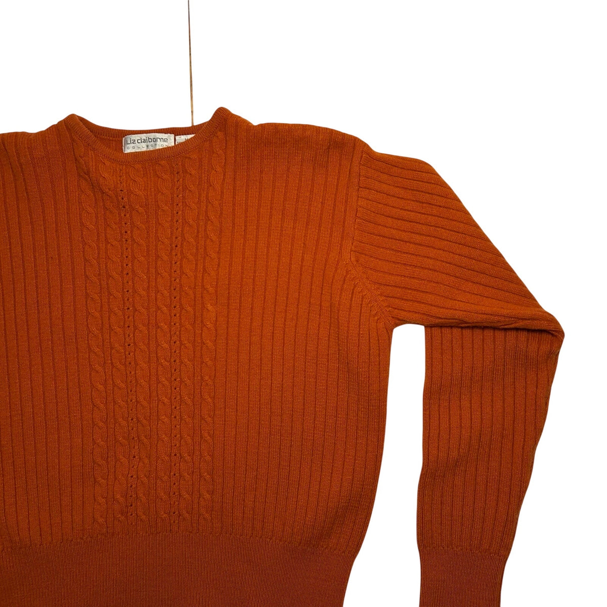 VTG 70s Liz Claiborne Orange Wool Crewneck Pullover Sweater M Cable Knit Cottage