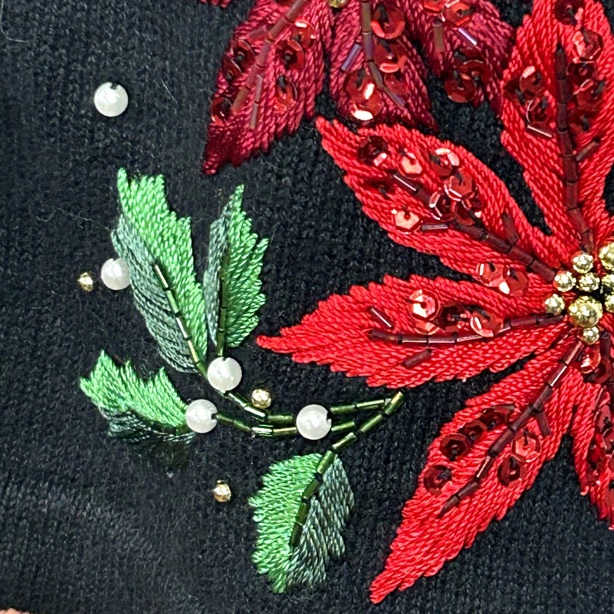 VTG 90s B.P. Design M Black Poinsettia Beaded Christmas Cardigan Faux Fur Collar