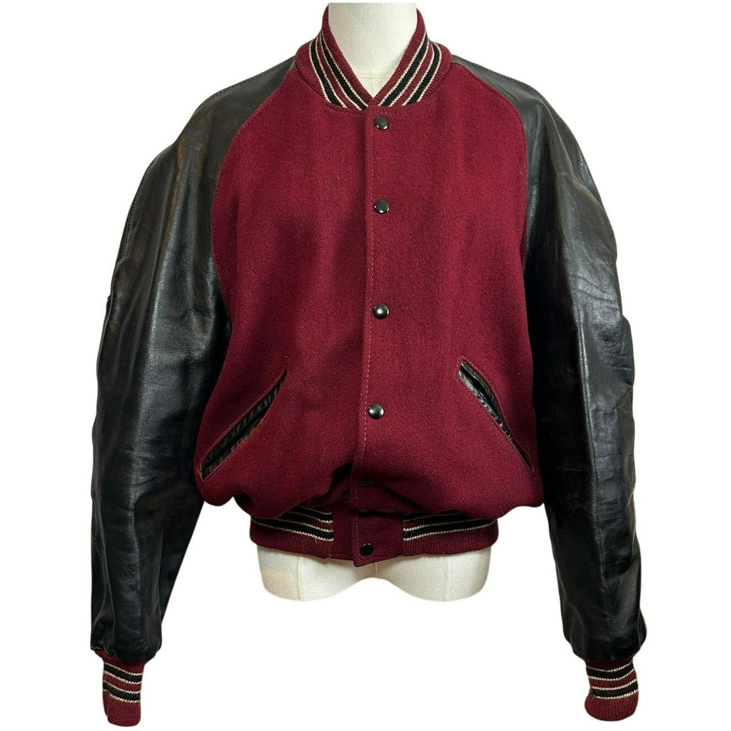 VTG 80s DeLong Archival Varsity Letter Jacket Maroon Black Leather 42 Grunge